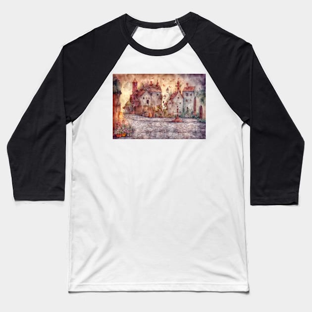 Square with church and butterfly fountain Baseball T-Shirt by oreundici